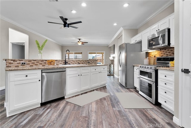 kitchen with backsplash, ornamental molding, stainless steel appliances, and a sink