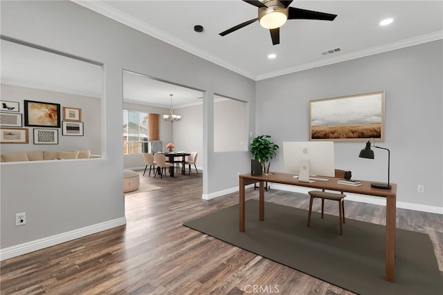 home office with ornamental molding, wood finished floors, visible vents, and ceiling fan with notable chandelier