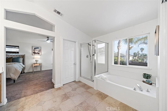 bathroom with separate shower and tub and ceiling fan