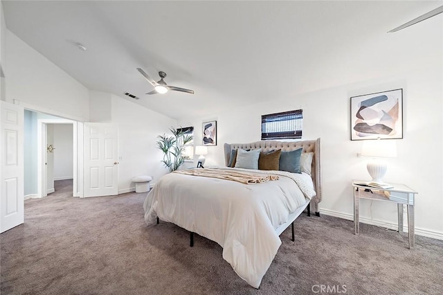 carpeted bedroom featuring lofted ceiling and ceiling fan