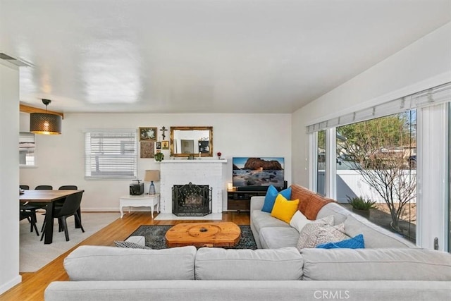 living room with a healthy amount of sunlight, a fireplace, and light hardwood / wood-style flooring