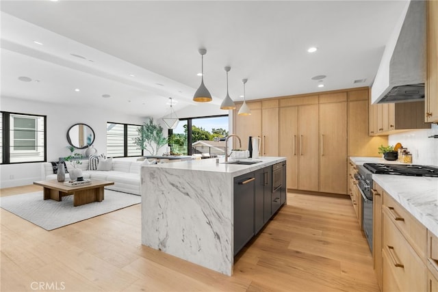 kitchen with high end stainless steel range, sink, custom exhaust hood, hanging light fixtures, and a kitchen island with sink