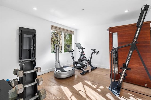 workout room featuring light wood-type flooring