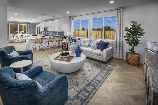 living room featuring light parquet floors