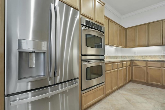 kitchen with light stone countertops, crown molding, appliances with stainless steel finishes, and light tile patterned floors