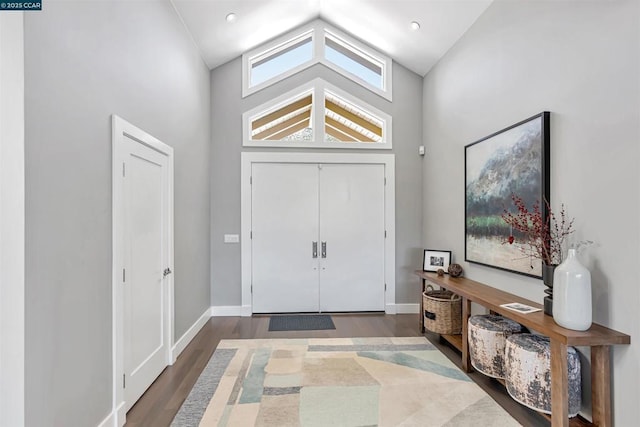 foyer entrance featuring dark hardwood / wood-style flooring and high vaulted ceiling