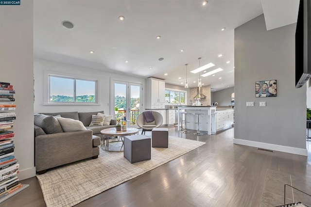 living room featuring french doors, a skylight, and hardwood / wood-style floors