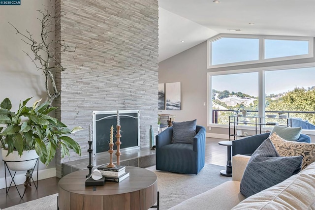 living room with a large fireplace, wood-type flooring, and high vaulted ceiling