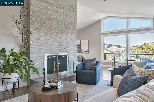 living room featuring wood-type flooring, high vaulted ceiling, and a fireplace