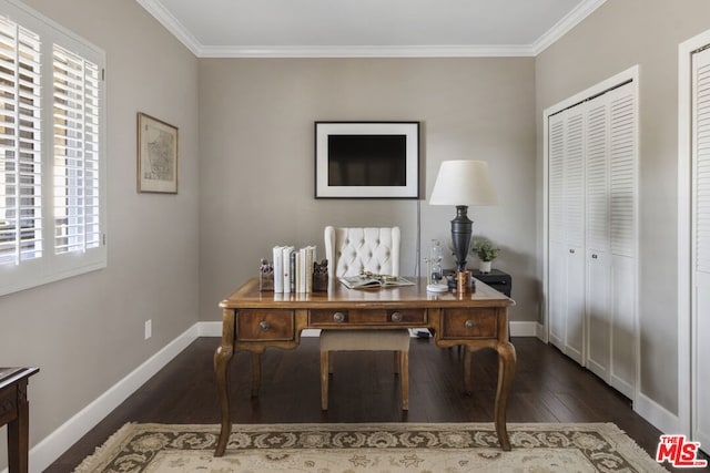 home office with crown molding and dark hardwood / wood-style floors