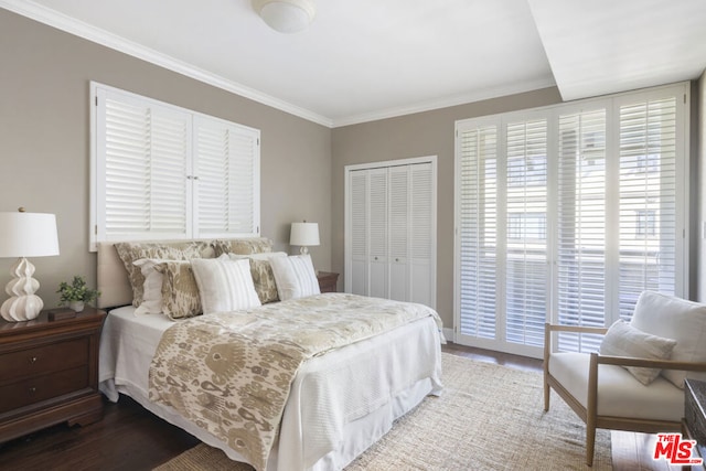 bedroom featuring ornamental molding and wood-type flooring