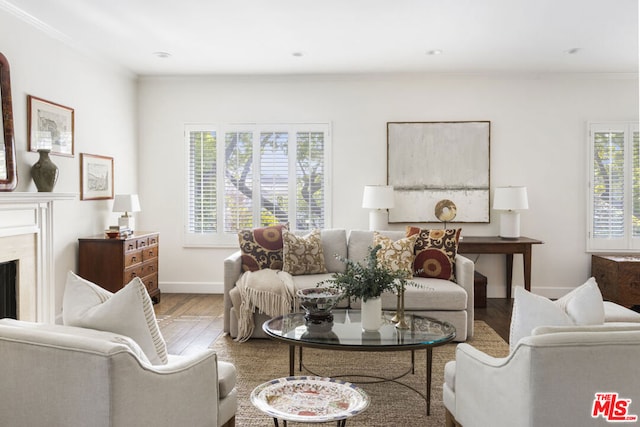 living room with crown molding, wood-type flooring, and a premium fireplace