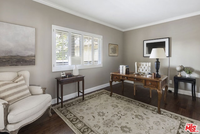 office area with crown molding and hardwood / wood-style floors