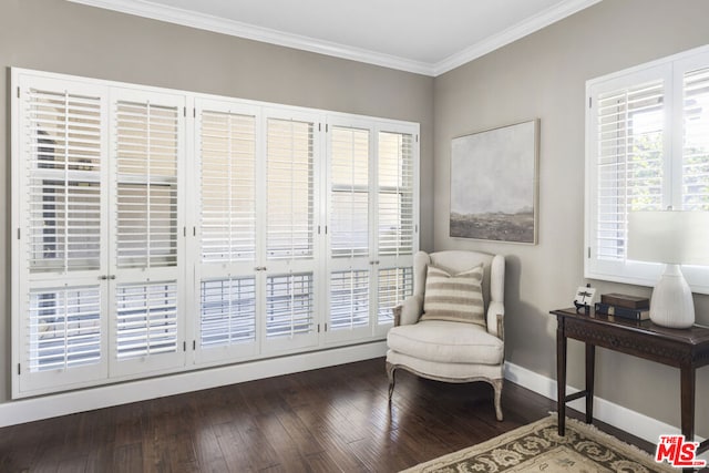 sitting room featuring dark wood-type flooring and crown molding