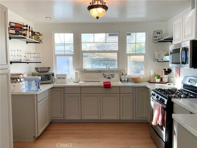 kitchen with light wood-type flooring, appliances with stainless steel finishes, sink, and gray cabinetry