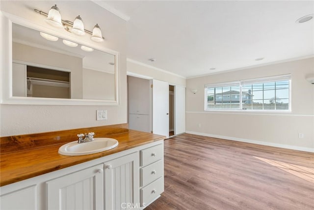 bathroom featuring crown molding, hardwood / wood-style floors, and vanity