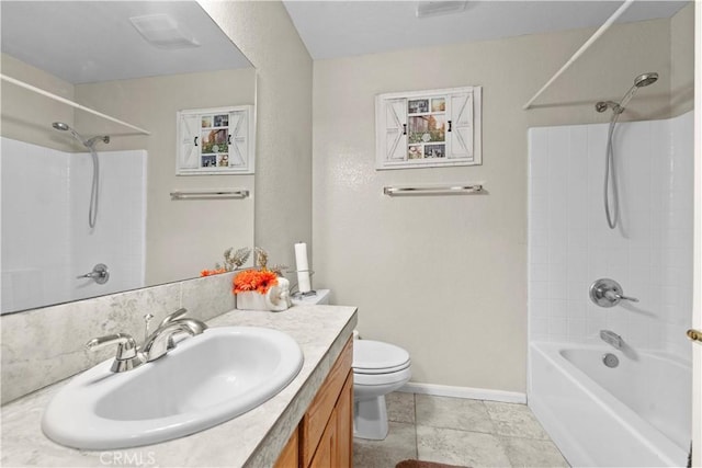 full bathroom featuring vanity, tile patterned floors,  shower combination, and toilet