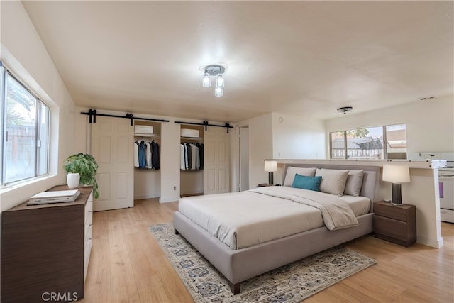 bedroom featuring a barn door and light hardwood / wood-style floors