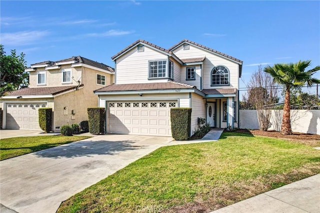 front facade with a front yard and a garage