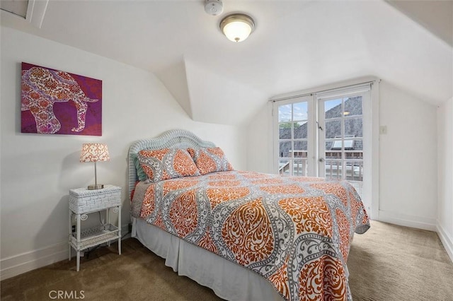 bedroom featuring vaulted ceiling, access to outside, carpet flooring, and baseboards