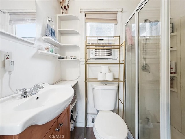 bathroom with a shower stall, toilet, and vanity