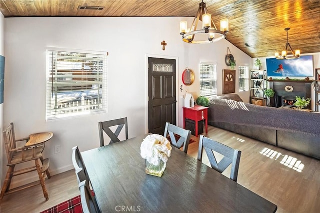 dining room featuring hardwood / wood-style flooring, a chandelier, and wooden ceiling