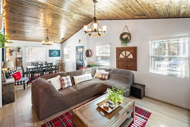 living room featuring wood ceiling, light hardwood / wood-style flooring, a chandelier, and vaulted ceiling