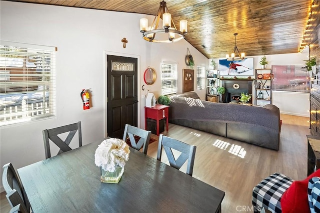 dining room featuring lofted ceiling, a notable chandelier, wood ceiling, and hardwood / wood-style floors