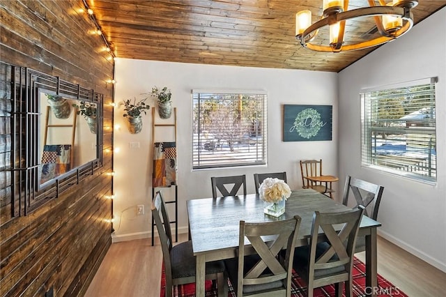 dining space with hardwood / wood-style flooring, vaulted ceiling, a healthy amount of sunlight, and wood ceiling