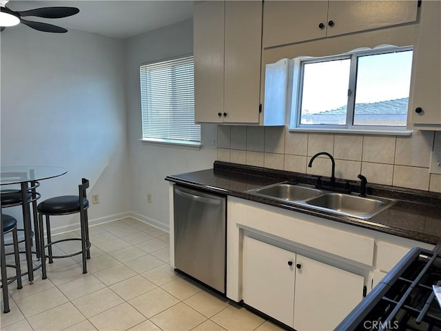 kitchen featuring sink, light tile patterned floors, dishwasher, ceiling fan, and decorative backsplash