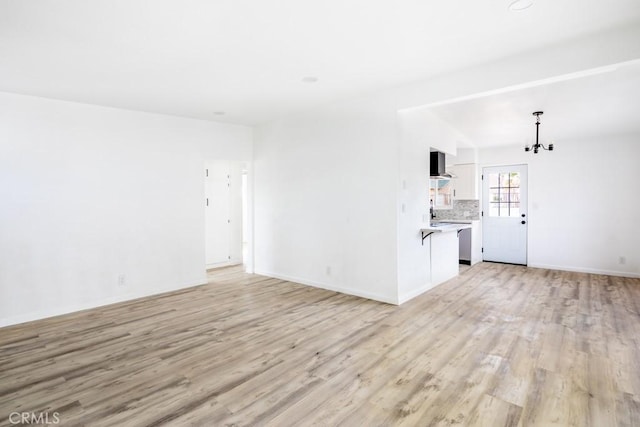 unfurnished living room with light hardwood / wood-style floors and a chandelier