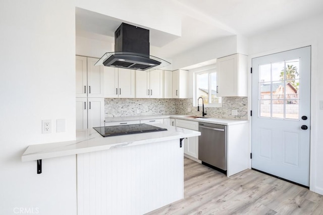 kitchen with dishwasher, island range hood, white cabinets, and black electric cooktop