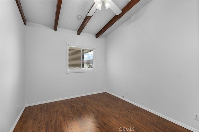 spare room with hardwood / wood-style flooring, vaulted ceiling with beams, and ceiling fan