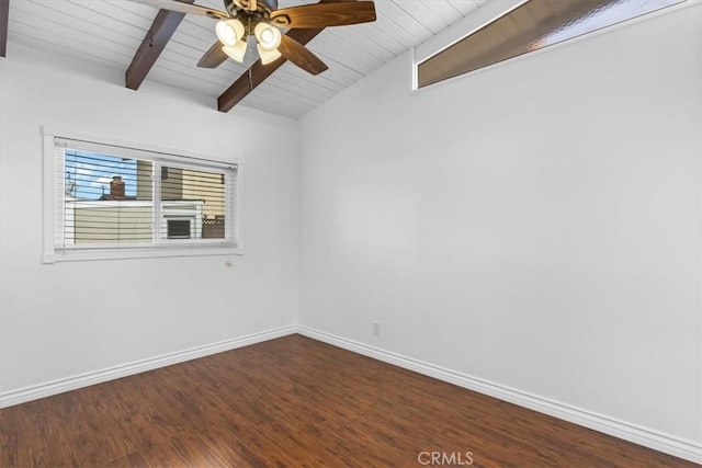 empty room featuring wood ceiling, ceiling fan, wood-type flooring, and lofted ceiling with beams