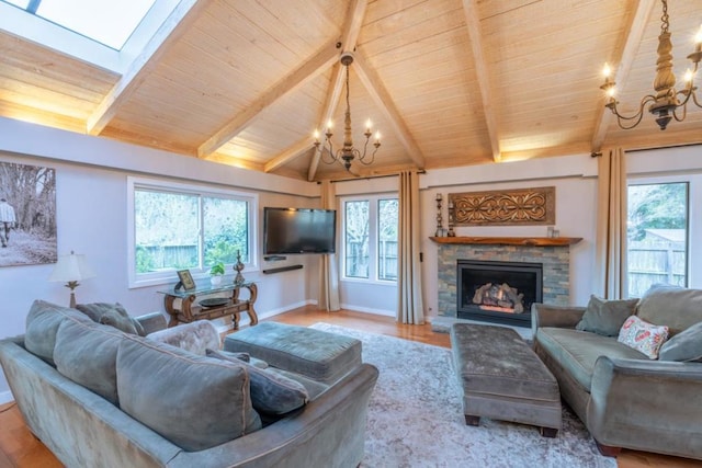 living room featuring hardwood / wood-style flooring, a healthy amount of sunlight, vaulted ceiling with beams, and a chandelier