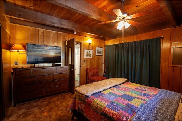 bedroom with beamed ceiling, wooden walls, dark carpet, and wooden ceiling