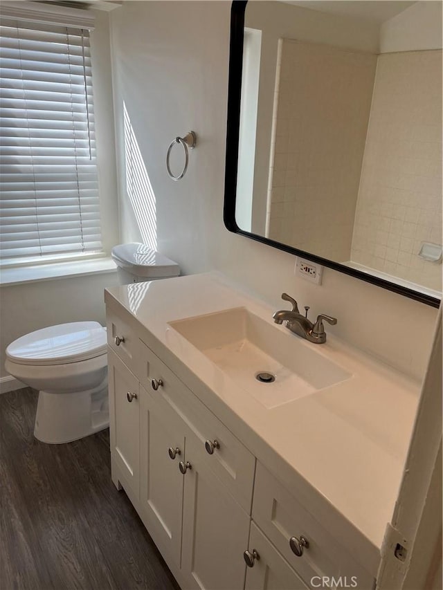 bathroom featuring vanity, toilet, and wood finished floors