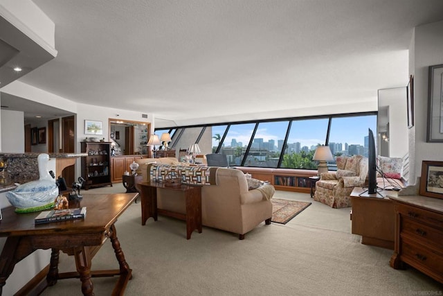 living room featuring light colored carpet