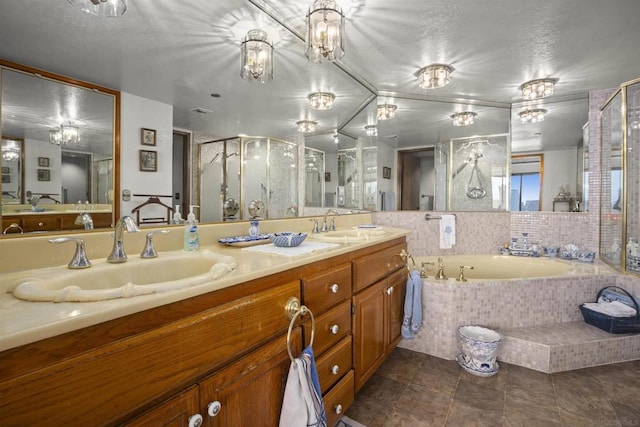 bathroom featuring vanity, separate shower and tub, and tile patterned floors