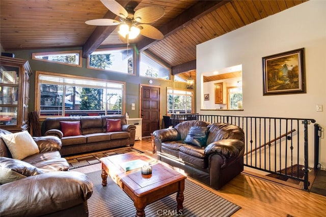 living room featuring wood ceiling, a healthy amount of sunlight, lofted ceiling with beams, and light hardwood / wood-style flooring