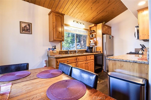 kitchen featuring sink, wood ceiling, stainless steel fridge, black dishwasher, and stove