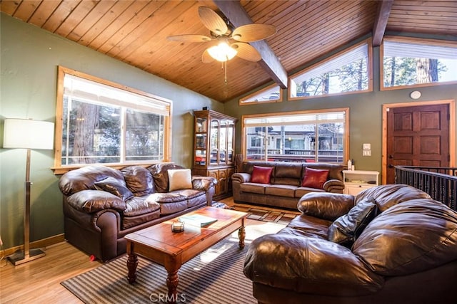 living room with vaulted ceiling with beams, wood ceiling, light hardwood / wood-style flooring, and ceiling fan