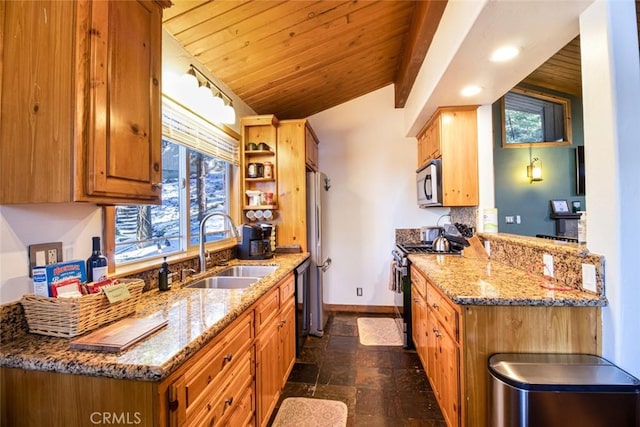 kitchen featuring sink, vaulted ceiling, light stone countertops, and appliances with stainless steel finishes