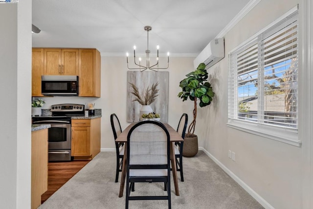 dining room featuring crown molding, wood-type flooring, an inviting chandelier, and a wall unit AC