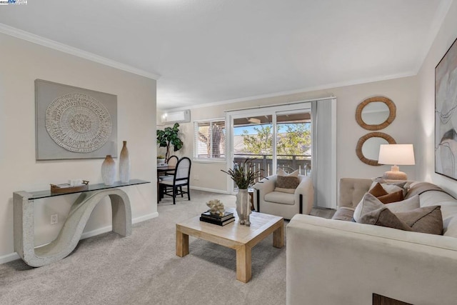 carpeted living room with ornamental molding and a wall mounted air conditioner