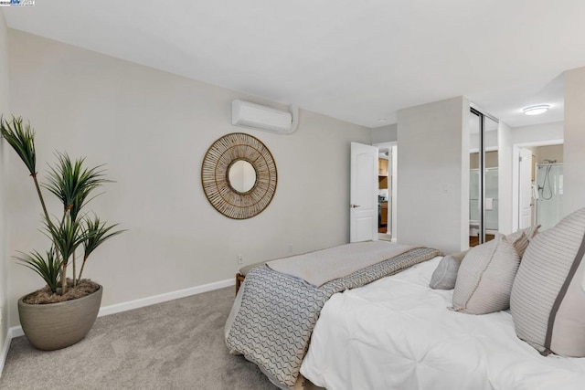 bedroom featuring light colored carpet and a wall mounted AC