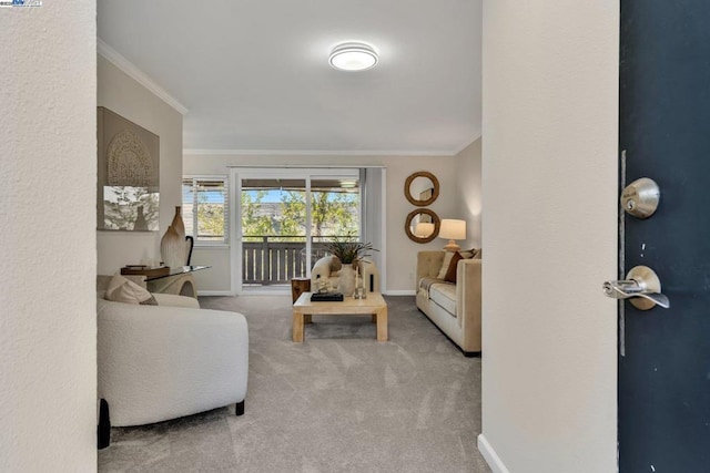 carpeted living room featuring ornamental molding