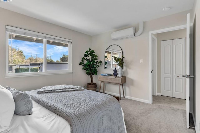 carpeted bedroom with an AC wall unit