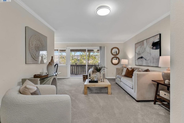 living room with light colored carpet and ornamental molding