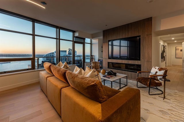 living room with a water view and light hardwood / wood-style floors